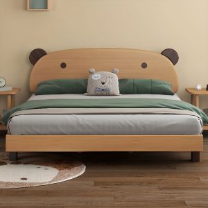 "Wood Grain Simple Natural Wood Standard Kids Bed with Cotton Upholstery and Spring Mattress, Gender Neutral with Headboard"